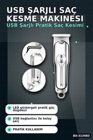 3 Ayarlı Kılavuz Taraklı 120 Dakika Çalışan USB Şarjlı Saç Kesme Makinesi BX-313683