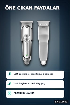 3 Ayarlı Kılavuz Taraklı 120 Dakika Çalışan USB Şarjlı Saç Kesme Makinesi BX-313683
