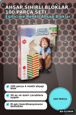 Ahşap Sihirli Bloklar 100 Parça Eğitici Oyuncak Kutusu - 36 Ay+ Çocuk Gelişim Seti BX-313649