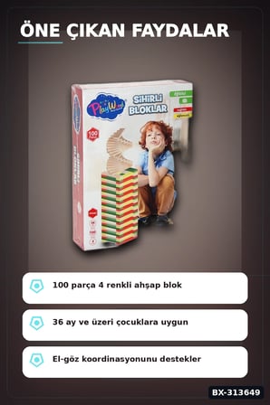 Ahşap Sihirli Bloklar 100 Parça Eğitici Oyuncak Kutusu - 36 Ay+ Çocuk Gelişim Seti BX-313649