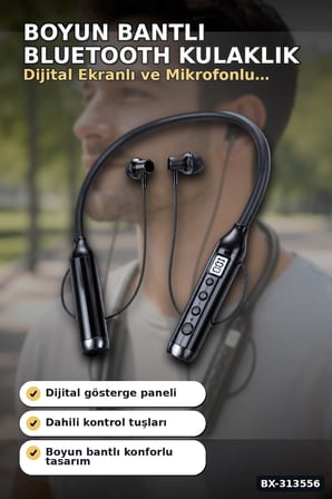 Boyun Bantlı 600 Saat Müzik Süreli Bluetooth V4.0 Kulaklık - Mikrofonlu Ses Kontrollü BX-313556