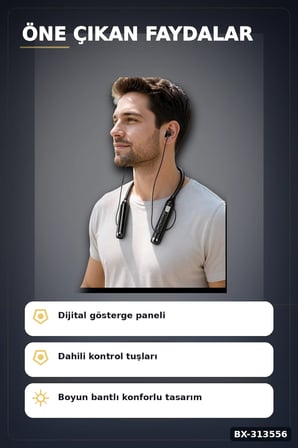 Boyun Bantlı 600 Saat Müzik Süreli Bluetooth V4.0 Kulaklık - Mikrofonlu Ses Kontrollü BX-313556