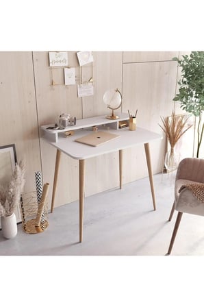 Mobilya Gezegeni Bellini Çalışma Masası - Beyaz/ Ahşap Ayak - 90 cm