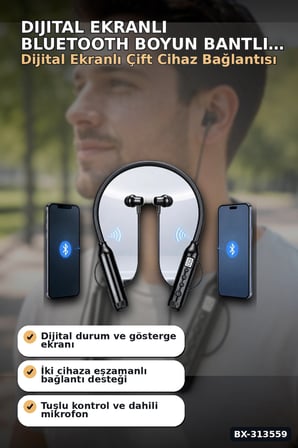 Dijital Ekranlı Boyun Bantlı Bluetooth Kulaklık Mikrofonlu Çift Cihaz Bağlantılı Kablosuz BX-313559