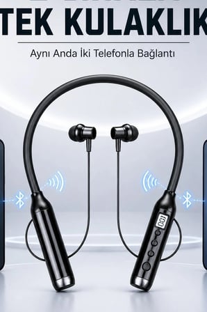 Dijital Ekranlı Boyun Bantlı Bluetooth Kulaklık Mikrofonlu Çift Cihaz Bağlantılı Kablosuz BX-313559