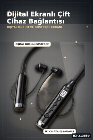 Dijital Ekranlı Boyun Bantlı Bluetooth Kulaklık Mikrofonlu Çift Cihaz Bağlantılı Kablosuz BX-313559
