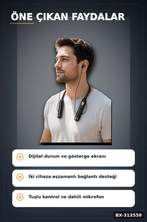 Dijital Ekranlı Boyun Bantlı Bluetooth Kulaklık Mikrofonlu Çift Cihaz Bağlantılı Kablosuz BX-313559