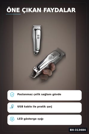 Paslanmaz Çelik 3 Taraklı Saç Sakal Düzeltici Tıraş Makinesi Seti, Şarjlı Taşınabilir BX-313684