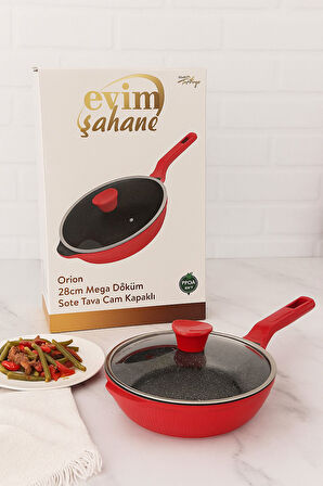 28 CM Mega Döküm Sote Tavası – 3.5 LT, Cam Kapaklı, Kırmızı Renk, Yanmaz Yapışmaz