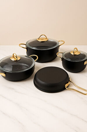 So Chic Gold 7 Parça Granit Döküm Tencere Seti – Yanmaz Yapışmaz, Şık Altın Detaylı