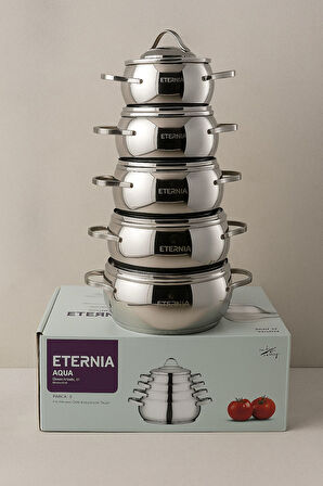 Eternia Aqua Serisi 10 Parça 304 Kalite Paslanmaz Çelik Tencere Seti – 16-18-20-22-24 CM