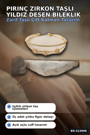 Pirinç Zirkon Taşlı Yıldız Desen Gold Renk Bileklik - 1 Adet Bayan Takı BX-313606