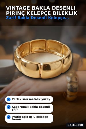 Vintage Bakla Desenli Pirinç Kalın Kelepçe Bileklik - 1 Adet, Kadın Takı Aksesuarı BX-313600