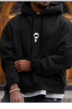 Erkek Siyah Minimal Naruto Baskılı Oversize Sweatshirt
