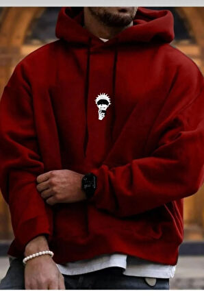 Erkek Kırmızı Minimal Naruto Baskılı Oversize Sweatshirt