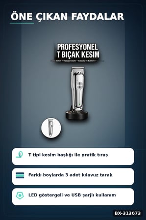 Lityum Pilli 600mAh Saç Sakal Kısaltma Makinesi 3 Taraklı USB Şarj LED Ekran BX-313673