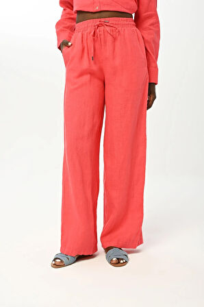 KADIN BELİ LASTİKLİ BOL PAÇA DÜZ RENK KETEN PANTOLON