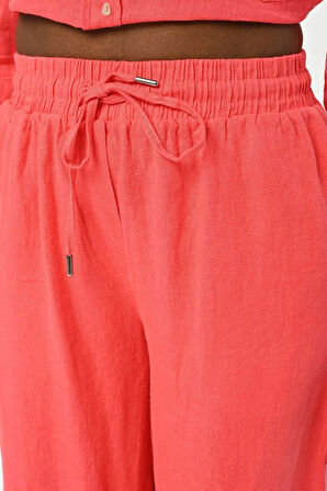 KADIN BELİ LASTİKLİ BOL PAÇA DÜZ RENK KETEN PANTOLON