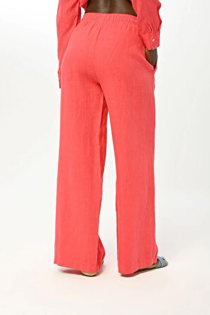 KADIN BELİ LASTİKLİ BOL PAÇA DÜZ RENK KETEN PANTOLON