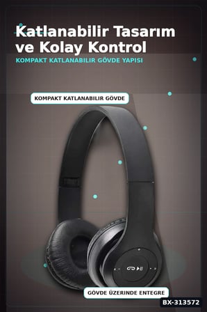 Katlanabilir P47 Bluetooth Kablosuz Kulakustu Kulaklik Mikrofonlu 1 Adet BX-313572