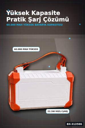 Acil Durum Işıklı 60000 mAh Powerbank - 4 Kablolu 22.5W Hızlı Şarj, Taşıma Saplı BX-313566