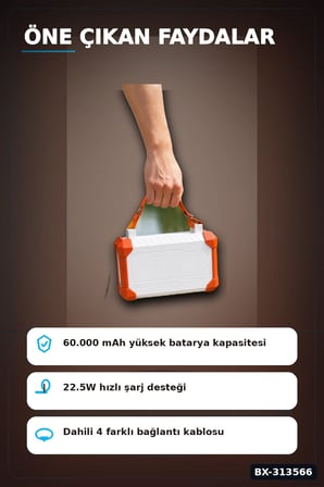 Acil Durum Işıklı 60000 mAh Powerbank - 4 Kablolu 22.5W Hızlı Şarj, Taşıma Saplı BX-313566