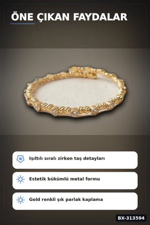 Sıralı Zirkon Taşlı Pirinç Kadın Bileklik - Gold Renk Tekli Parça, Bijuteri Aksesuar BX-313594