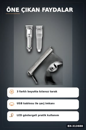 Turbo Hızlı 600 mAh Lityum Pil Saç Sakal Tıraş Makinesi - 3 Taraklı Kablosuz BX-313688
