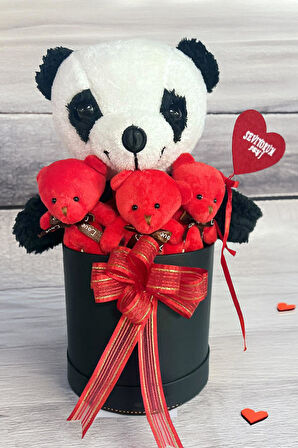 SOLE Premium Özel Hediye Kutusunda  35 cm Sevimli Panda ve 3 adet Kırmızı Peluş Minik Ayıcık Buketi
