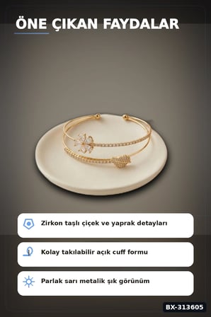 Çiçek Desenli Zirkon Taşlı Kadın Bileklik - Pirinç Materyal - Tekli Takı BX-313605