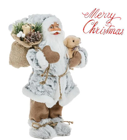 Yılbaşı Süsü Noel Baba Biblo Figür Büyük Boy 30 cm -  Peluş Ayısı ve Hediye Çuvalı ile...