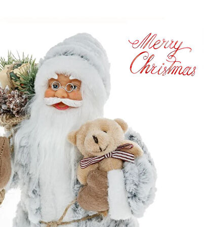 Yılbaşı Süsü Noel Baba Biblo Figür Büyük Boy 30 cm -  Peluş Ayısı ve Hediye Çuvalı ile...