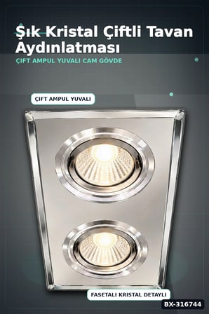 İkili Kare Cam Spot Lamba - GU10 Duy LED Çerçeveli 4000K Kristal Tavan Armatürü, 1 Adet BX-316744