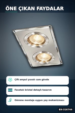 İkili Kare Cam Spot Lamba - GU10 Duy LED Çerçeveli 4000K Kristal Tavan Armatürü, 1 Adet BX-316744