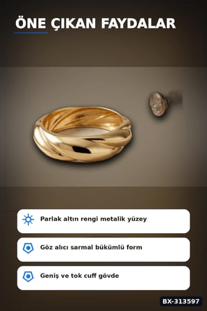 Vintage Sarmal Desenli Pirinç Bilezik - 1 Adet Kalın Kelepçe Model, Kadın Takısı BX-313597