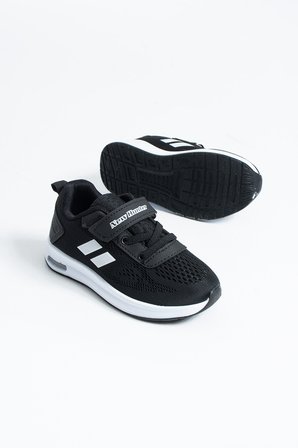 Erkek Çocuk Siyah Beyaz Fileli Hava Alan Cırtlı Air Taban Kreş ve Anaokulu Spor Ayakkabı Sneaker