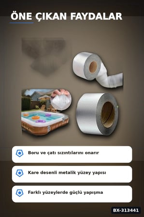 Kare Desenli Gümüş Metalik 10cmx5m Yapışkan Bant 5li Paket Çatı Duvar Boru Onarım BX-313441