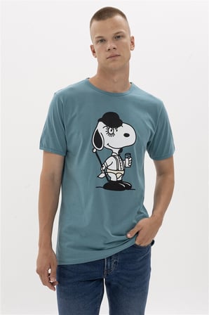 Erkek Otomatik Portakal Snoopy Tasarımlı Bisiklet Yaka Açık Mavi %100 Pamuklu Tişört