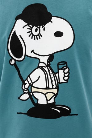 Erkek Otomatik Portakal Snoopy Tasarımlı Bisiklet Yaka Açık Mavi %100 Pamuklu Tişört