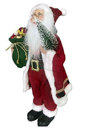 Yılbaşı Süsü Noel Baba Biblo Figür Büyük Boy 45cm -Elinde Çam Ağacı ve Hediye Çuvalı ile