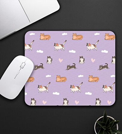 Kedi Figürlü Mor Renk Mouse Pad 23x19cm Fare Altlığı Kaydırmaz Taban De582