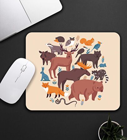 Bej Renk Hayvan Motifli Mouse Pad 23x19cm Fare Altlığı Kaydırmaz Taban De585