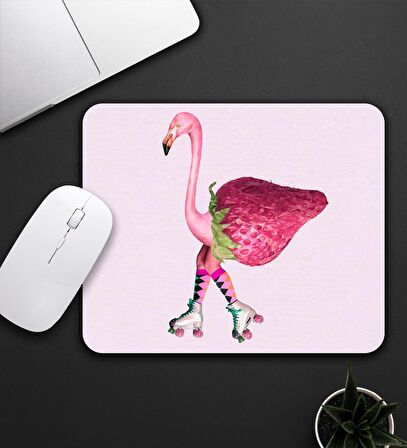 Pembe Çilekli Flamingo Motifli Mouse Pad 23x19cm Fare Altlığı Kaydırmaz Taban De586