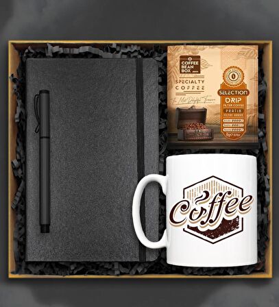 Coffe Tasarım Kupa & Siyah Defter & Roller Kalem & Pratik Filtre Kahve Hediye Seti