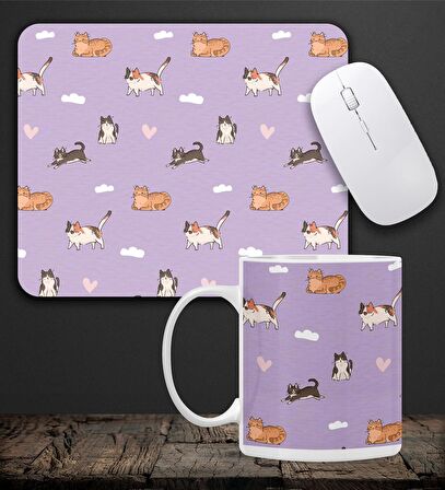 Kedili Kupa & Kedi Figürlü Mor Renk Mouse Pad 23x19cm Fare Altlığı Kaydırmaz Taban De582 Ofis Hediyesi