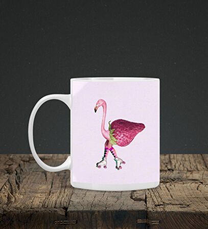 Baskılı Kupa & Pembe Çilekli Flamingo Motifli Mouse Pad 23x19cm Fare Altlığı Kaydırmaz Taban De586 Ofis Hediyesi