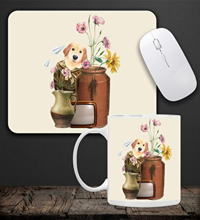 Baskılı Kupa & Bej Renk Köpek Ve Çiçek Motifli Mouse Pad 23x19cm Fare Altlığı Kaydırmaz Taban De590 Ofis Hediyesi