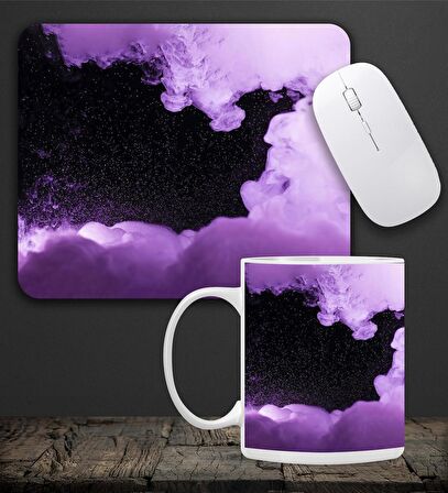 Baskılı Kupa & Mor Ve Siyah Renk Galaksi Temalı Mouse Pad 23x19cm Fare Altlığı Kaydırmaz Taban De596 Ofis Hediyesi