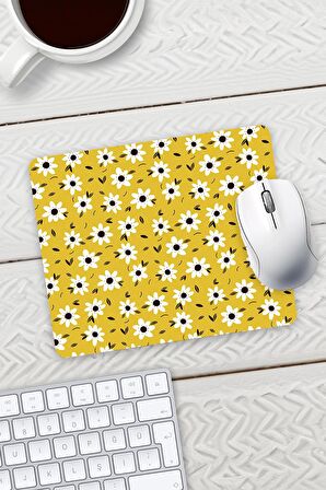 Sarı Renk Papatya Tasarım Baskılı Mouse Pad 23x19cm Fare Altlığı Kaydırmaz Taban De602