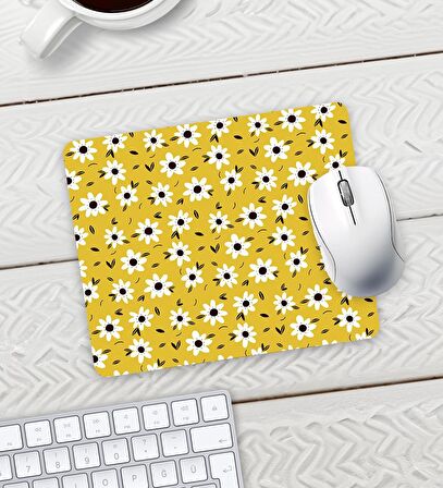 Sarı Renk Papatya Tasarım Baskılı Mouse Pad 23x19cm Fare Altlığı Kaydırmaz Taban De602